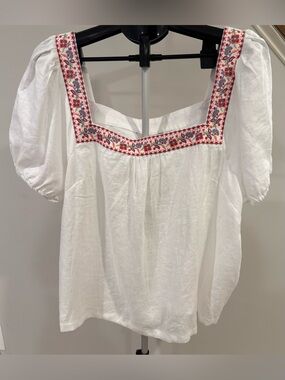 Boden White Square-Neck Linen Puff Sleeve Top Embroidery US 20/22 NWT